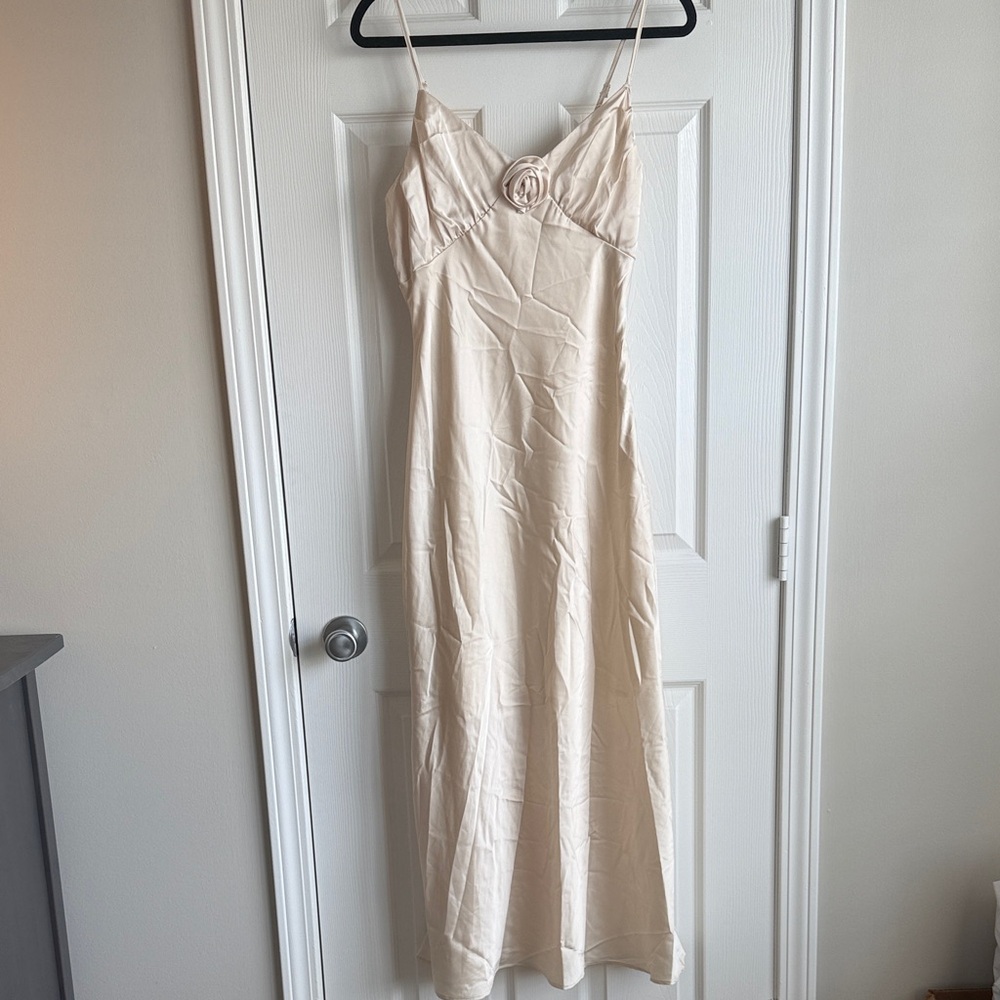 Women’s Cream Maxi Slip Dress with Rosette Detail